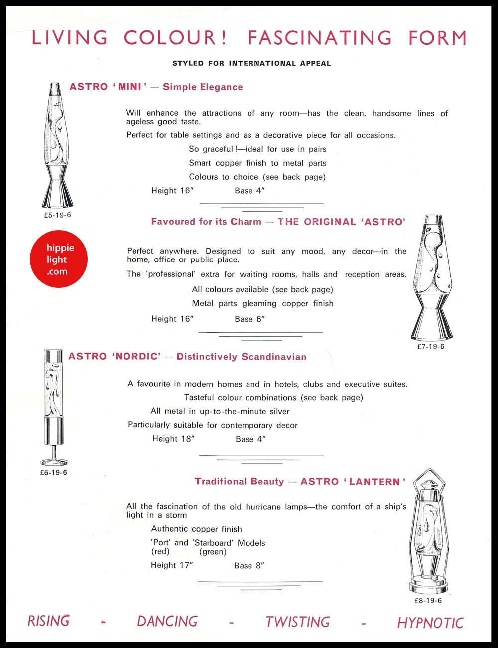Brochure showing 1960s Crestworth's Lava Lamp Designs such as Astro Mini, Astro, Astro Nordic and Astro Lantern. Vintage lava lamp designs by Edward Craven Walker.